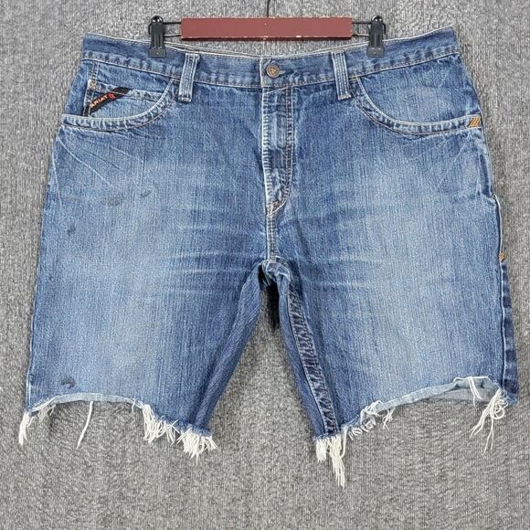 Ariat Jean Shorts Mens 38 Blue Low Rise M4 Boot FR Cut Offs Distressed Denim - Picture 1 of 10